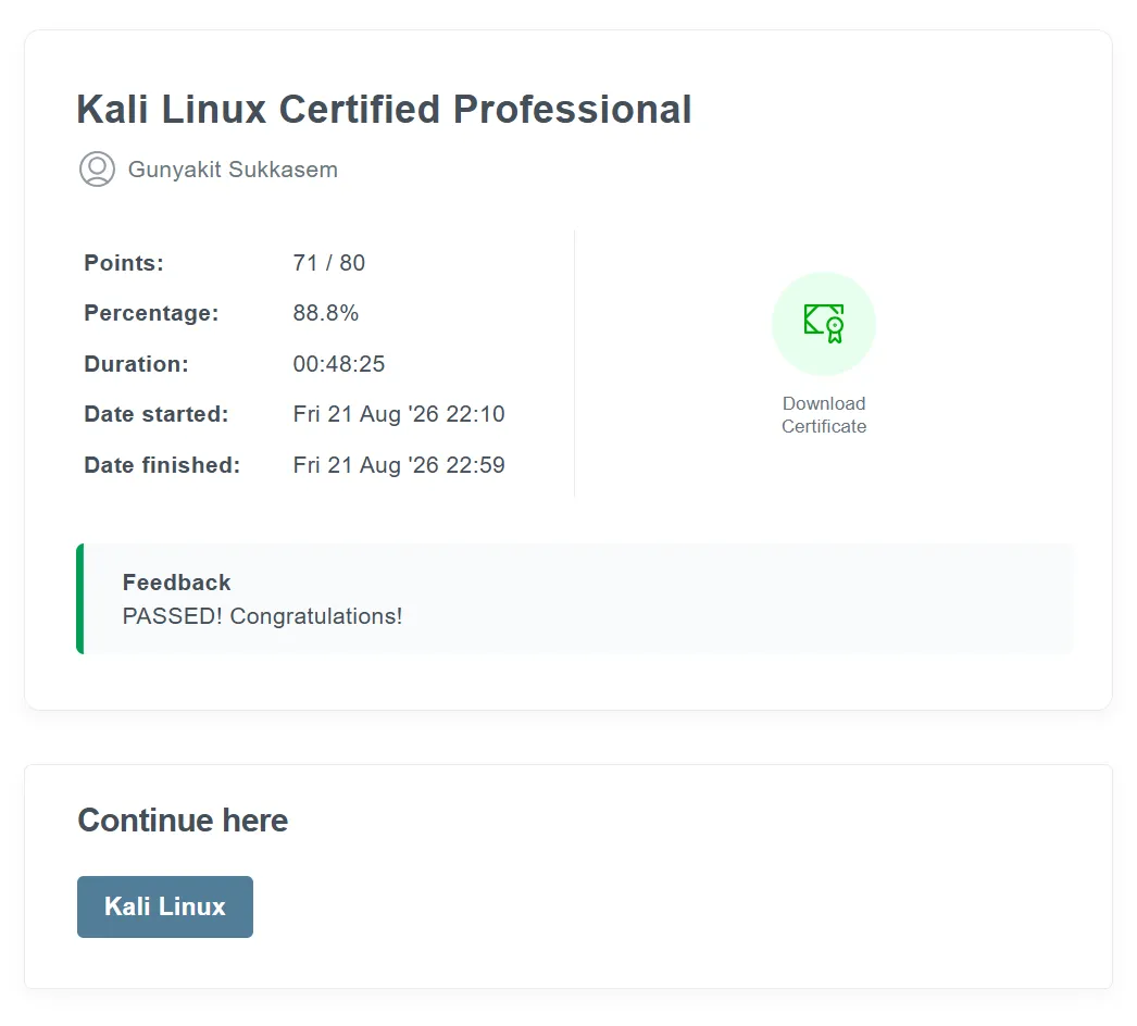 KLCP exam result · 71/80 (88.8%) · PASSED
